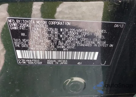 2013 Toyota Rav4 Le from USA, damaged, VIN JTMBFREV9D5012415